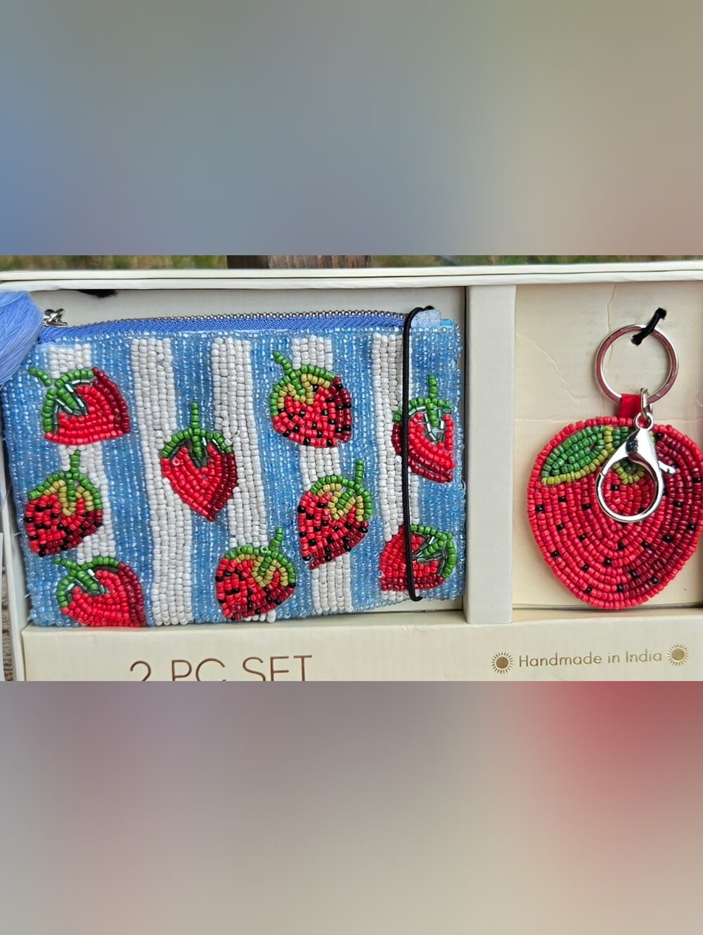Beaded Strawberry Clutch with Blue & White Stripes